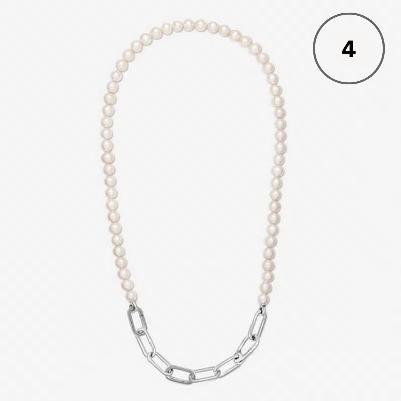 Moments & ME Necklace Collection – Snake Chain, Link Chain, Pearl Charm & Sparkling Heart Halo Pendant Collier
