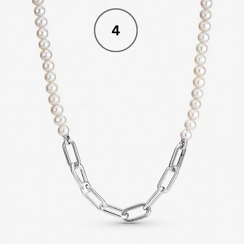 Moments & ME Necklace Collection – Snake Chain, Link Chain, Pearl Charm & Sparkling Heart Halo Pendant Collier
