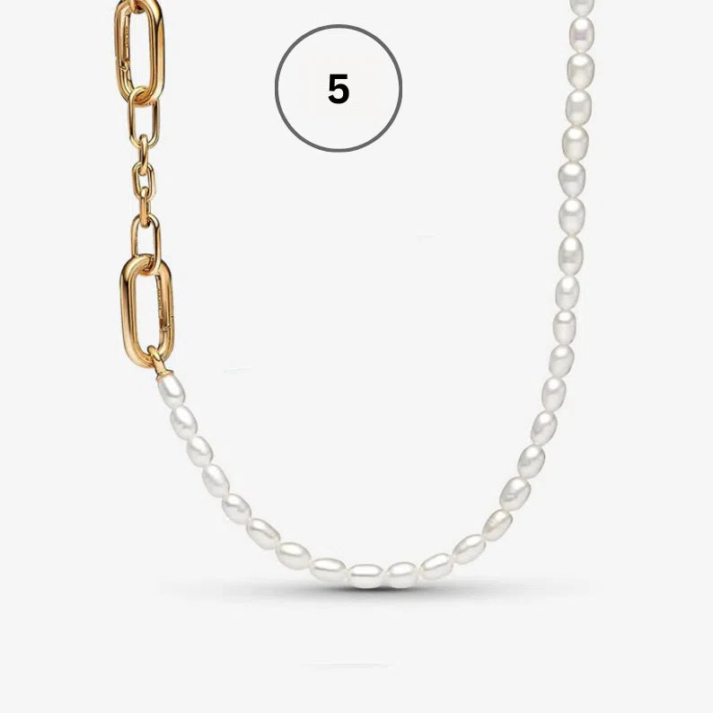Moments & ME Necklace Collection – Snake Chain, Link Chain, Pearl Charm & Sparkling Heart Halo Pendant Collier
