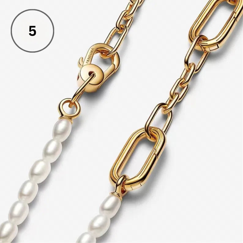 Moments & ME Necklace Collection – Snake Chain, Link Chain, Pearl Charm & Sparkling Heart Halo Pendant Collier