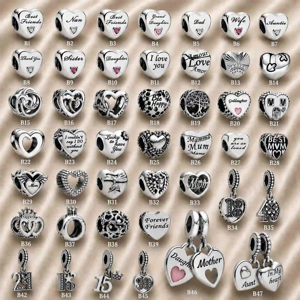 Pink Charm, Murano Glass Beads, Charm Stopper Safety Clip, Silver Charm, Letter Blue Red Rose Gold Charms, Travel Love Mom Heart Dangle charm