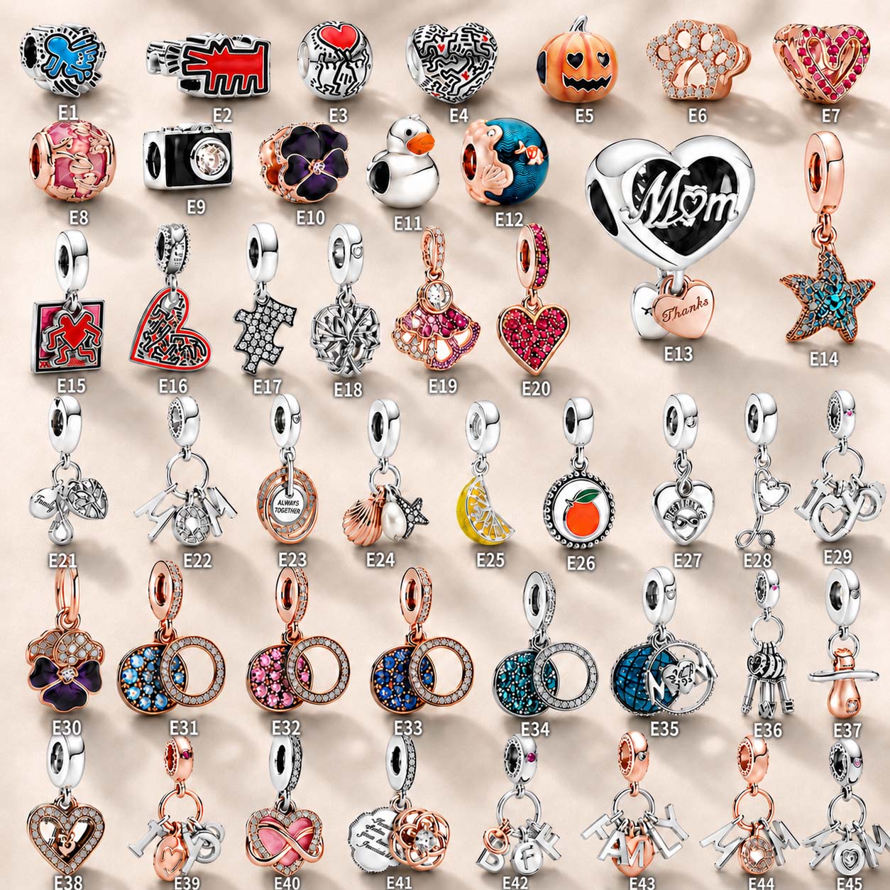 Pink Charm, Murano Glass Beads, Charm Stopper Safety Clip, Silver Charm, Letter Blue Red Rose Gold Charms, Travel Love Mom Heart Dangle charm- (BUY 1 GET 4 FREE)
