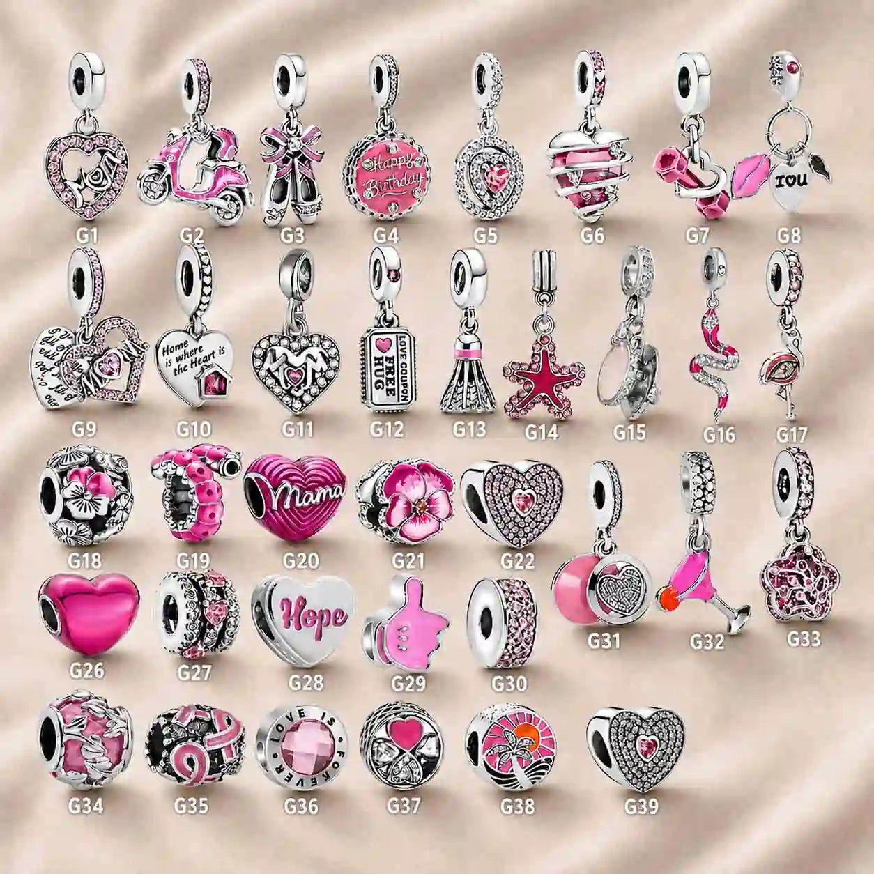 Pink Charm, Murano Glass Beads, Charm Stopper Safety Clip, Silver Charm, Letter Blue Red Rose Gold Charms, Travel Love Mom Heart Dangle charm ★(BUY 1 GET 1 FREE)★
