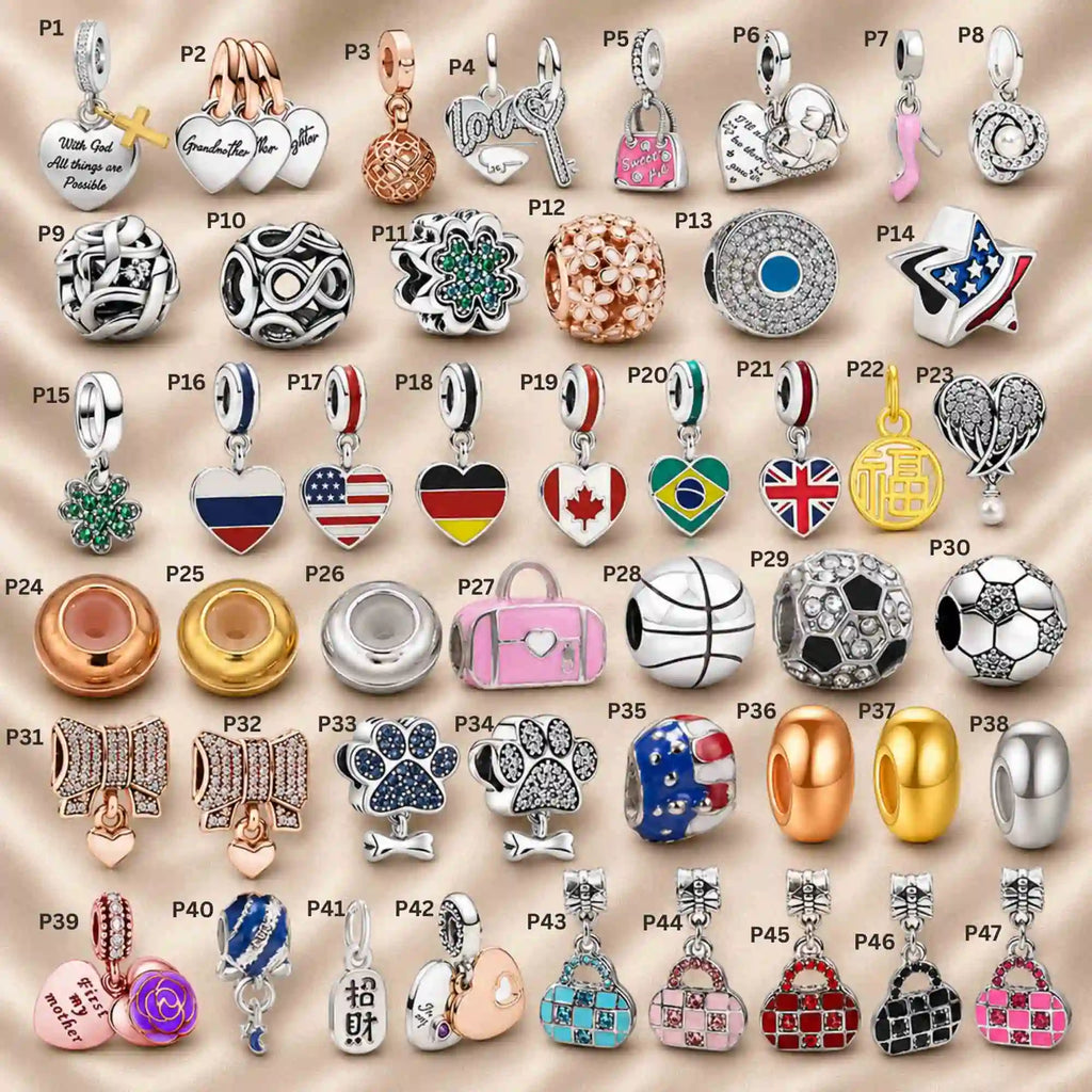 Pink Charm, Murano Glass Beads, Charm Stopper Safety Clip, Silver Charm, Letter Blue Red Rose Gold Charms, Travel Love Mom Heart Dangle charm ★(BUY 1 GET 1 FREE)★