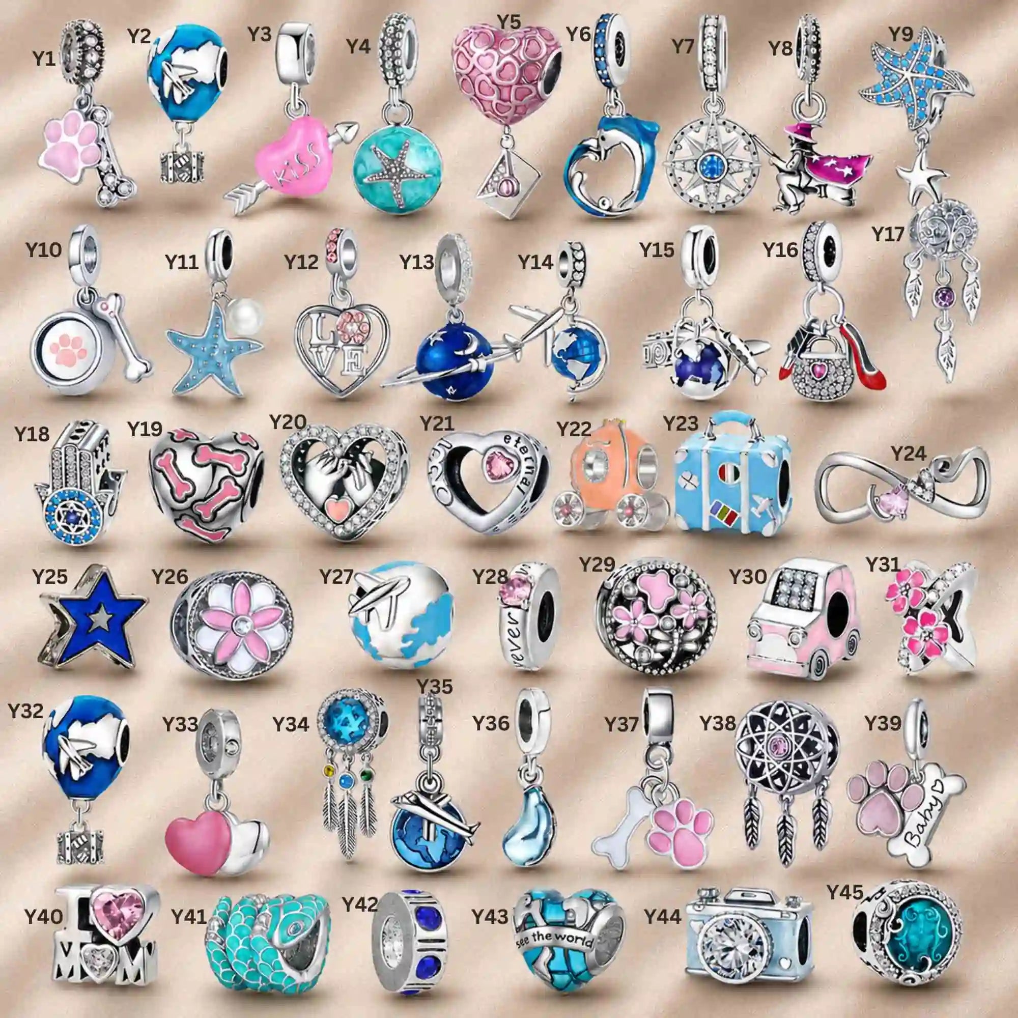 Pink Charm, Murano Glass Beads, Charm Stopper Safety Clip, Silver Charm, Letter Blue Red Rose Gold Charms, Travel Love Mom Heart Dangle charm ★(BUY 1 GET 1 FREE)★