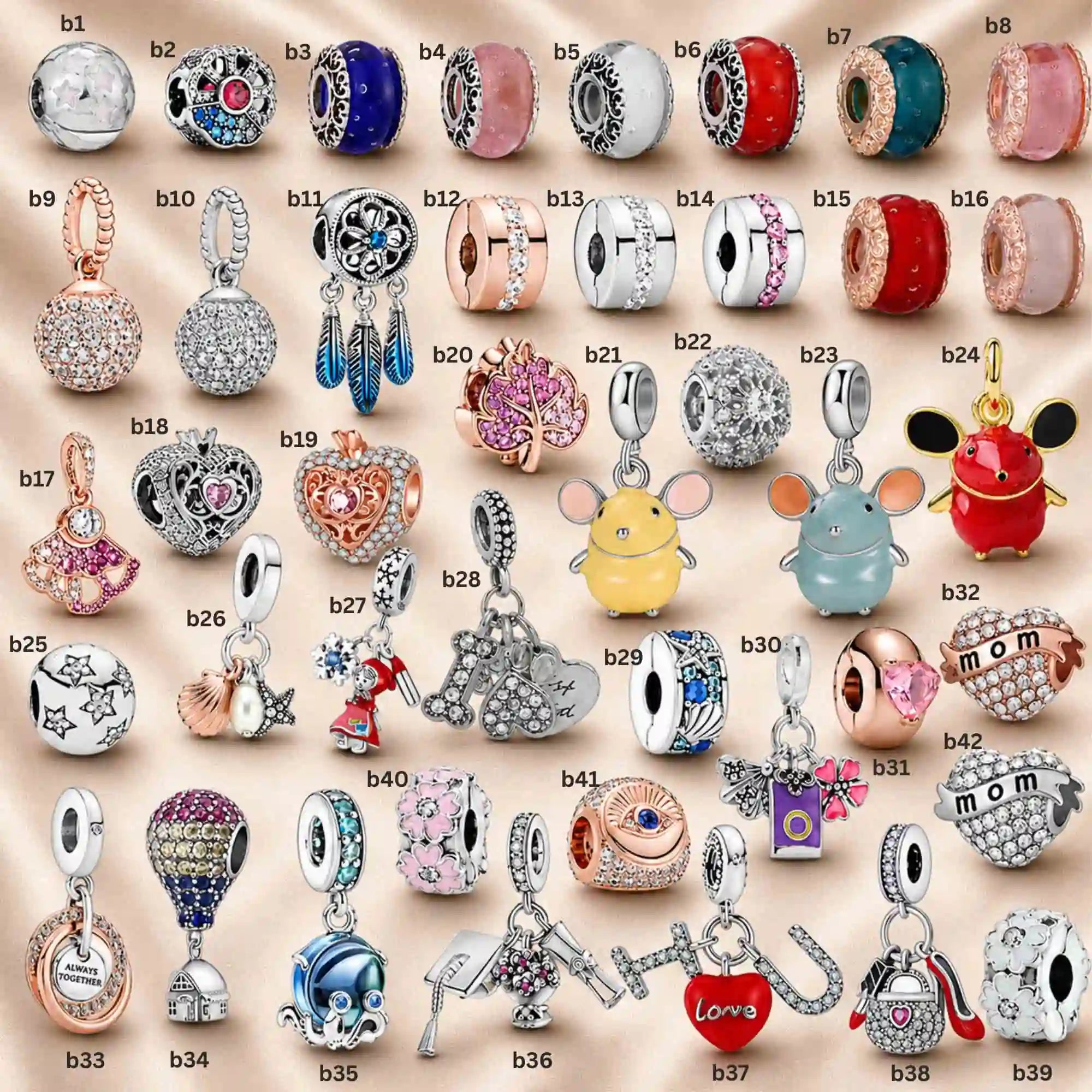 Pink Charm, Murano Glass Beads, Charm Stopper Safety Clip, Silver Charm, Letter Blue Red Rose Gold Charms, Travel Love Mom Heart Dangle charm ★(BUY 1 GET 1 FREE)★